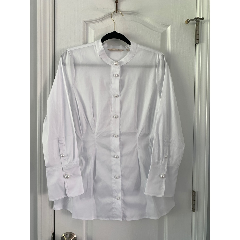 Soft Surroundings White Pearl Button Stand Collar Tunic Shirt 2GA85 Womens Small